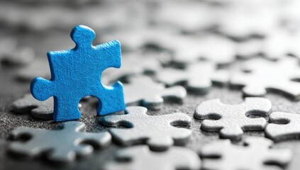 Blue puzzle piece on a bed of gray