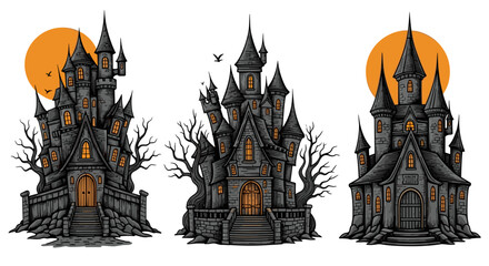 Spooky Halloween Haunted Houses Cast in the Moonlight, a Thrilling Trio