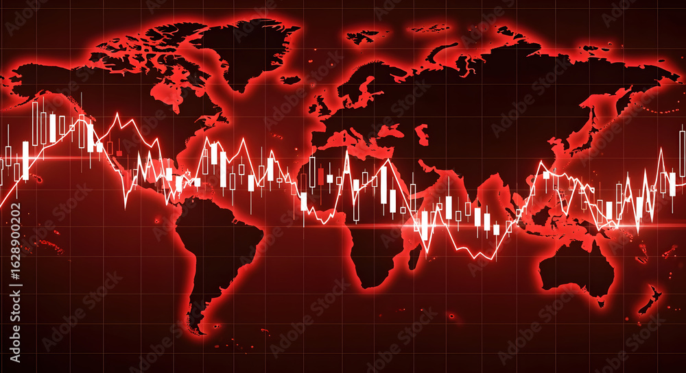 Poster red abstract world map graphic with white candlestick chart overlay and grid lines for financial ana