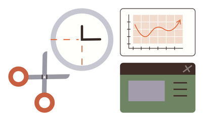 Clock with dashed lines, scissors, line chart with upward trend, and web interface. Ideal for time management, project planning, resource allocation, productivity, workflow analytics simple landing