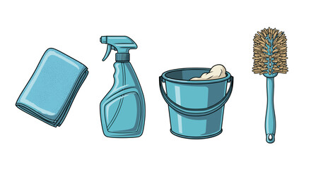 Cleaning Supplies Arrangement: Sponge, Spray Bottle, Bucket and Brush