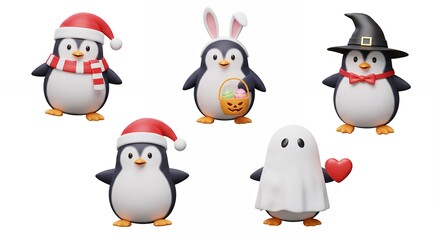 Fototapeta premium Penguin figurines in holiday costumes