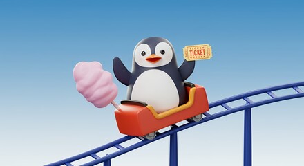 Penguin riding roller coaster with cotton candy