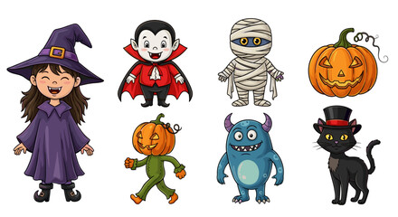 Halloween Cartoon Characters: Witch, Vampire, Mummy, Pumpkins, Monster, and Black Cat