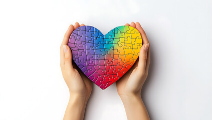 Person s hands gently holding a completed heart-shaped jigsaw puzzle, colored with a rainbow gradient, symbolizing love and unity on a white background.