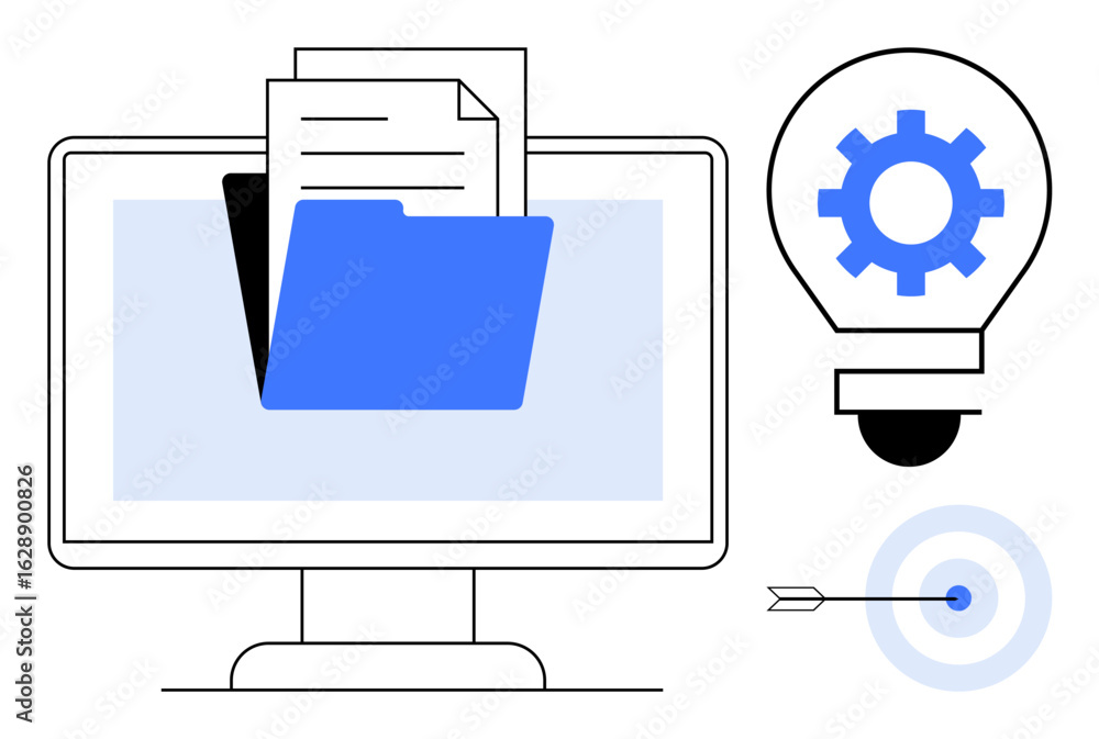 Poster open folder with documents on a monitor, light bulb with gear for innovation, and target with arrow 