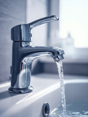 Modern chrome faucet pouring fresh water into sink
