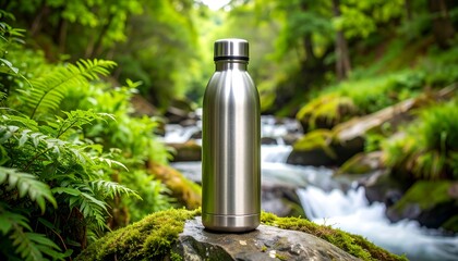 Stainless steel water bottle in a natural setting