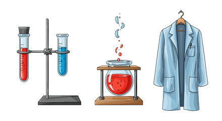 Scientific laboratory equipment arrangement showcasing flasks, test tubes, and a lab coat.