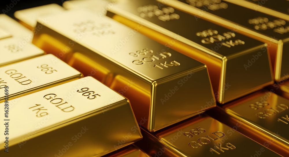 Poster rows of gleaming gold bars stacked reflecting light symbolizing wealth and investment with narrow de