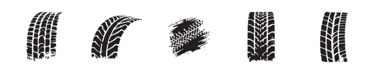 set of Grunge track, tires stamps. Wheel braking marks, car or motorcycle tread, motorsport, racing.