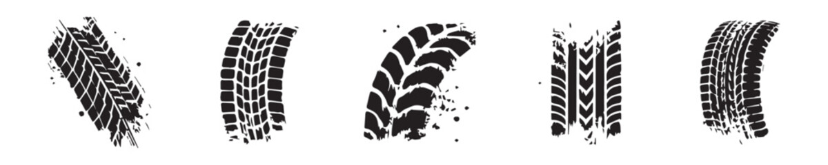 set of Grunge track, tires stamps. Wheel braking marks, car or motorcycle tread, motorsport, racing.