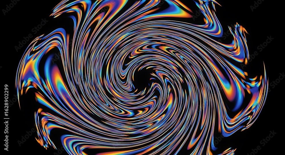 Poster a mesmerizing iridescent swirl pattern with vibrant rainbow colors against a stark black background,