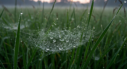 Dew drops on spiderweb morning dew nature photography spider web dew drops grass blades green field