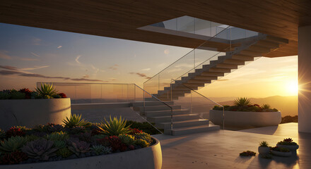 Obraz premium Modern architecture stairs design sunset view luxury building landscape home outdoor design plants
