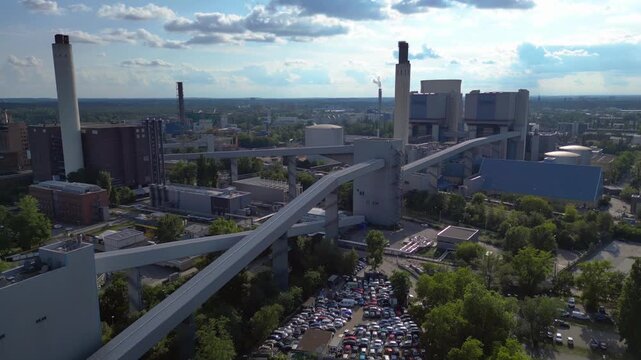Hard coal fired power station conveyor belts. Gorgeous aerial view flight drone