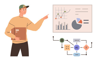 A person points at a chart showcasing data trends and pie charts alongside an AI workflow diagram. Ideal for data analysis, AI, technology, education, research, presentations, and flat design