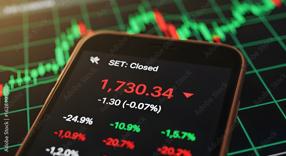 Poster smartphone displaying stock market crash with red numbers on black screen and green chart