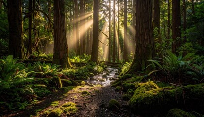 Obraz premium Forest Path Illuminated By Sunlight