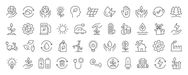 Ecology line icon set. Containing green energy, recycle, sustainability, nature, water power, solar, plant, renewable energy, electric vehicles, wind power. Editable stroke. Vector illustration.