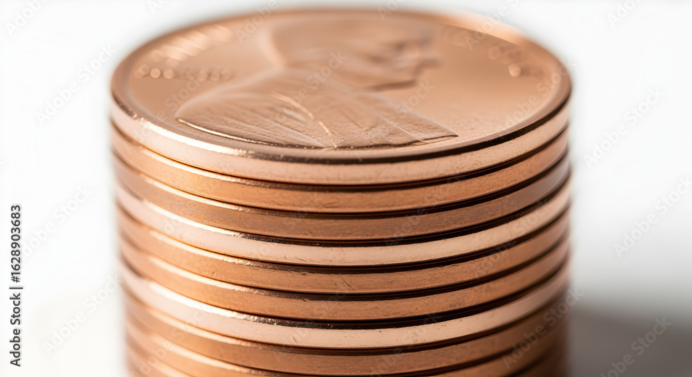 Poster stack of shiny copper pennies in macro view against white background displaying economic and financi