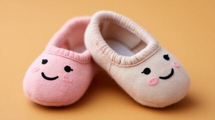Cute smiley pink and beige baby slippers on orange background