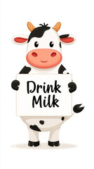 Cartoon cow encouraging milk consumption with a cheerful sign