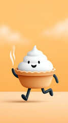 Smiling pie with whipped cream topping cartoon on orange background