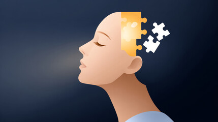 Female figure with puzzle head and glowing brain symbolizing problem solving and creativity