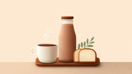 Breakfast scene with hot chocolate, milk bottle, and bread on a wooden tray