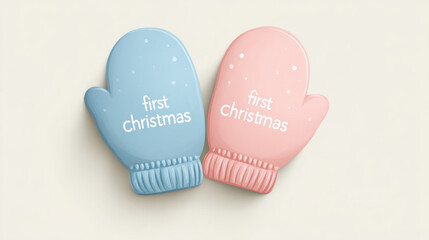 Minimalist first christmas mittens design in blue and pink for holiday cards and decor