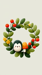 Adorable kawaii woodland wreath featuring cute hedgehog and mushroom illustration