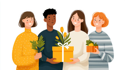 Joyful group exchanging gifts with flowers and smiles for celebration and friendship