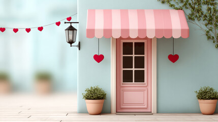 Charming valentine's day café façade with hanging heart decorations in pastel style