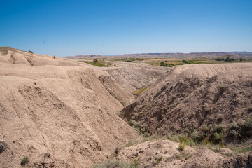 Panoramic view of rugged terrain and erosion in Badlands National Park, South Dakota