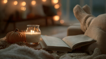 Cozy fall reading with pumpkin, candle, and warm socks against soft lighting in a relaxing setting.