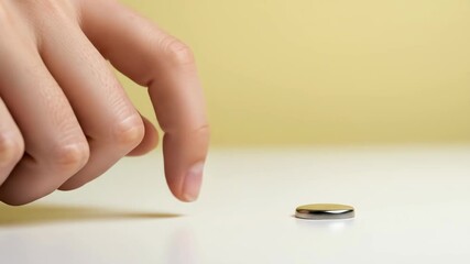 Closeup of a finger pushing a coin on a white surface, symbolizing investment, finance, and the potential for growth, success, and wealth accumulation through strategic decisions