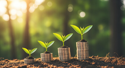 Stacks of Ascending Coins Topped with Green Plants in Forest Background Representing Financial Growth and Investment with Warm Sunlight