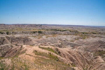 Panoramic view of rugged terrain and erosion in Badlands National Park, South Dakota