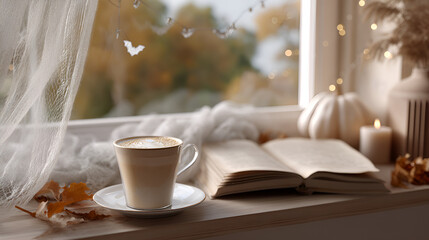 Cozy autumn scene with coffee, book, and decorations on a window sill with a festive Halloween touch.
