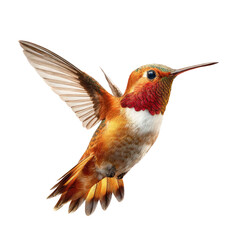 Obraz premium A vibrant hummingbird in flight against a black background. Detailed plumage