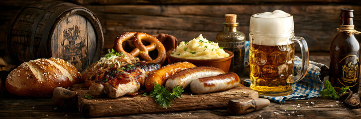 Oktoberfest food menu, bavarian sausages with pretzels, mashed potato, sauerkraut, beer bottle and mug old rustic wooden background, copy space above banner format