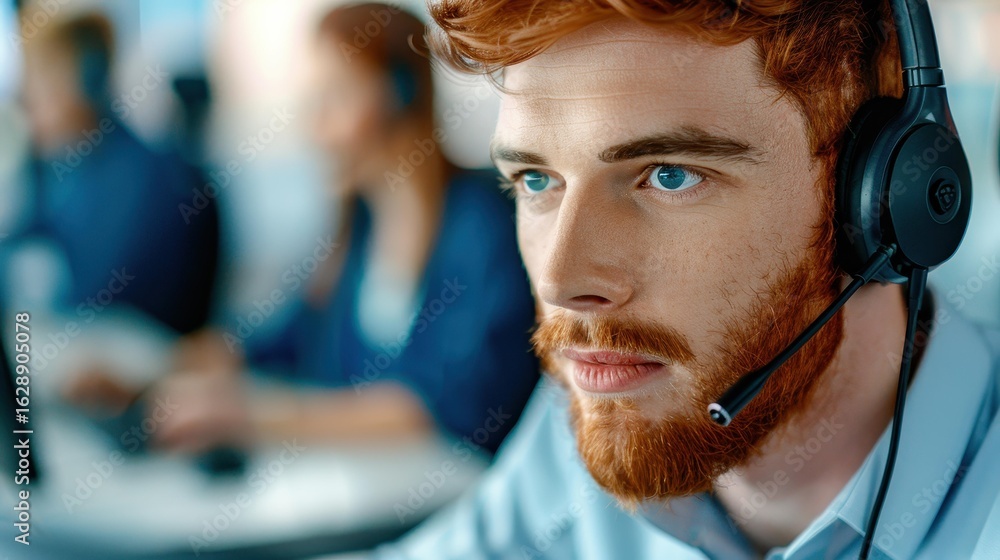 Poster a focused call center operator assists customers through a glass partition, showcasing dedication an