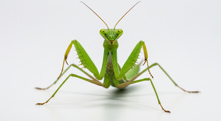 Praying mantis in alert pose, high detail and natural green color, isolated on white background.