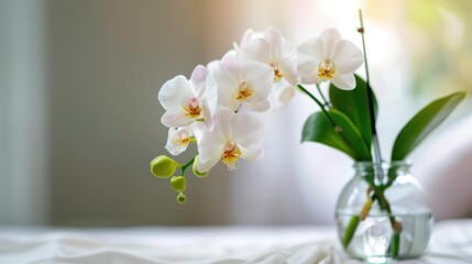 Bright rose and white orchids in a sleek glass vase add elegance to a charming setting, perfect for enhancing your decor.