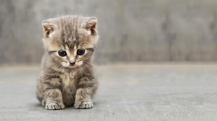 Fototapeta premium An abandoned kitten with a sad gaze sits alone in a dirty street, longing for a loving home and a warm embrace.