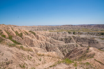 Panoramic view of rugged terrain and erosion in Badlands National Park, South Dakota