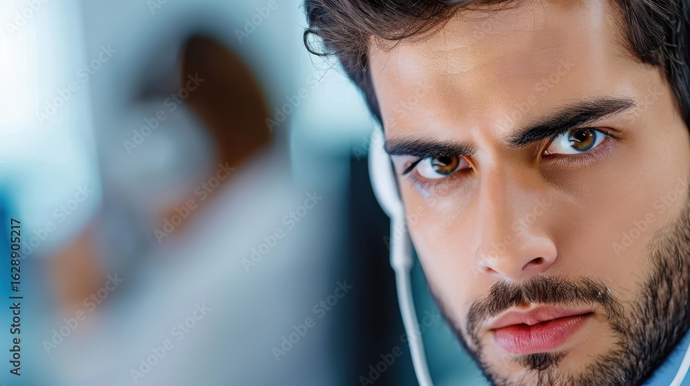 Poster detailoriented tech support agent attentively aiding clients over the phone, ensuring clear communic