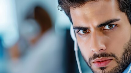 Detailoriented tech support agent attentively aiding clients over the phone, ensuring clear communication and solutions.