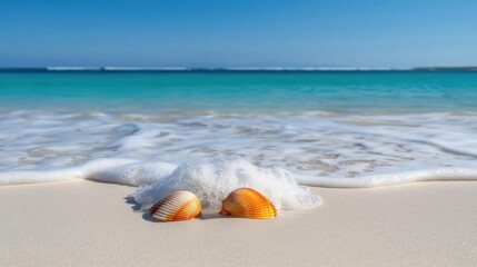 Obraz premium Escape to a tropical paradise with sandy beaches, gentle waves, and vibrant shells, perfect for your next vacation